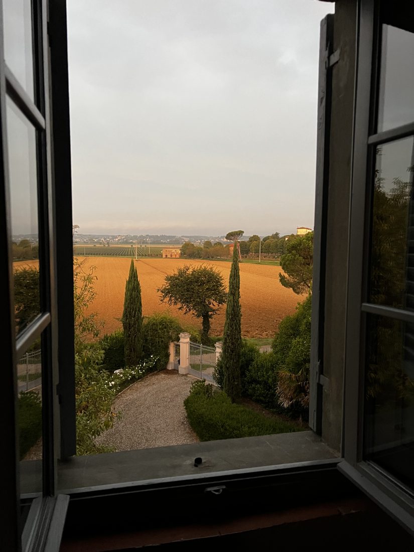 View from an open shuttered window across a golden field toward the village